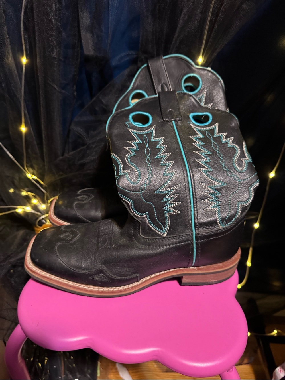 Black Lace-Up Western Boots with Teal Stitching